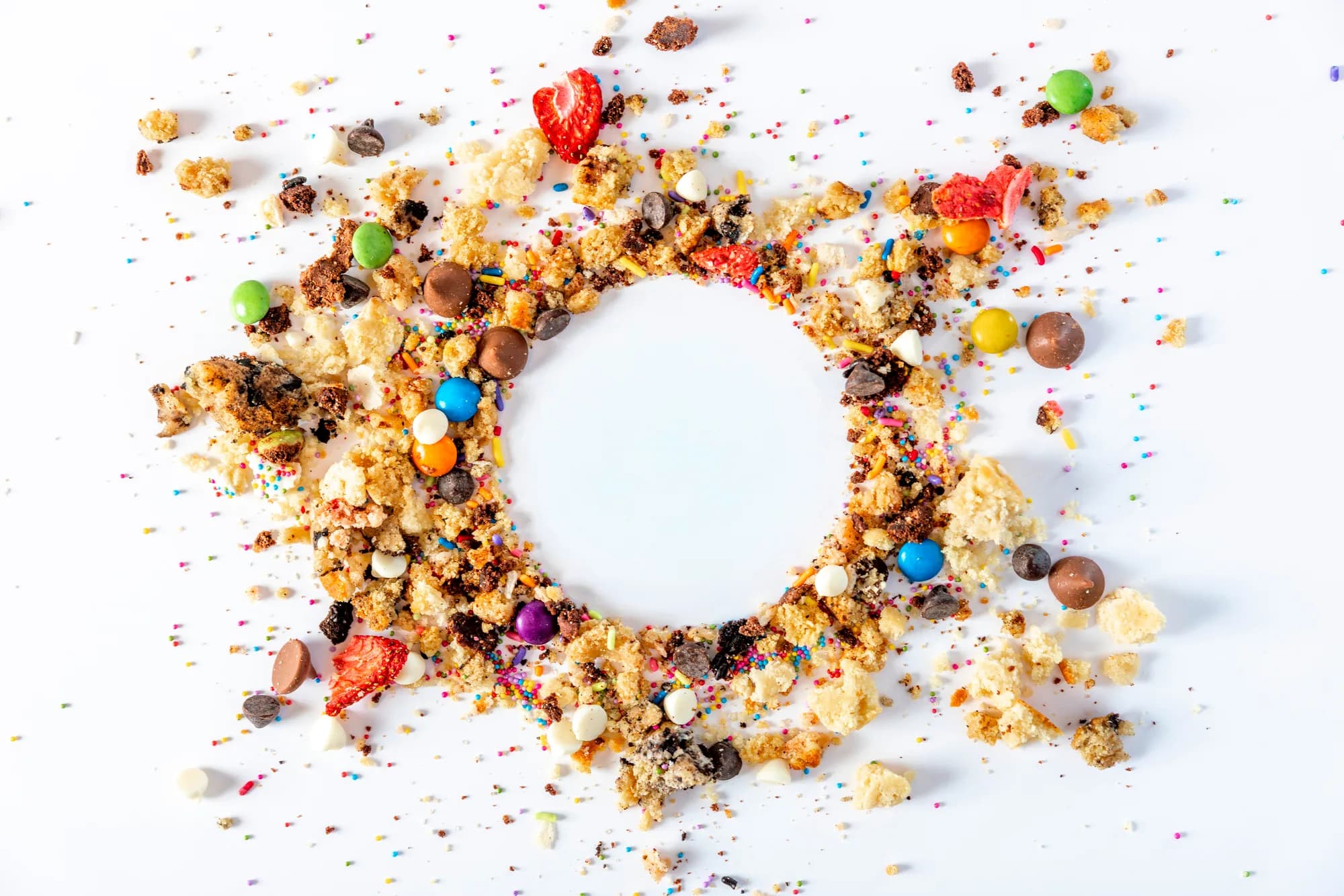 Cookie crumbs, chocolate chunks, candy shells, freeze-dried strawberry and sprinkles arranged in a ring