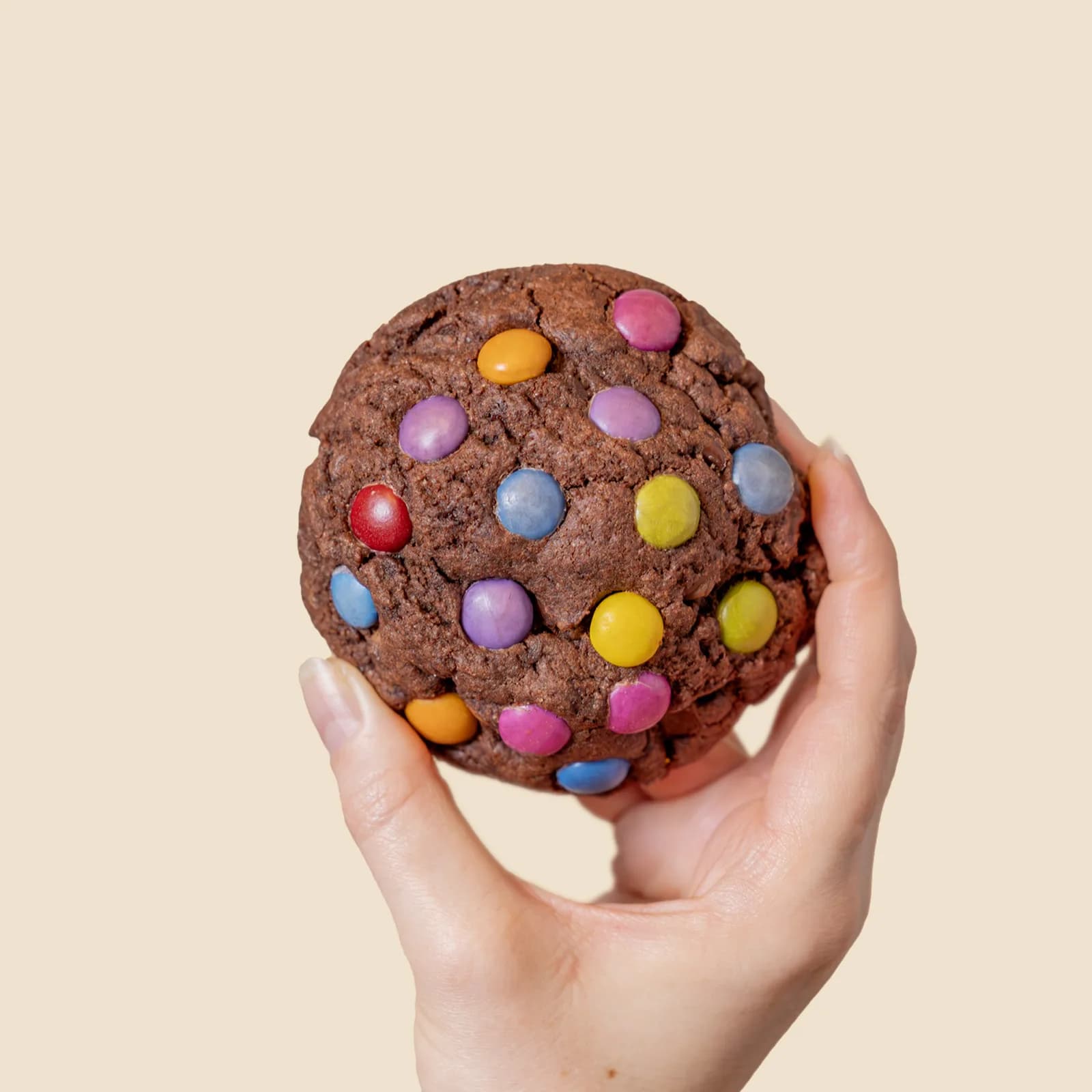 A Chocolate Gem cookie held in one hand, filling the palm