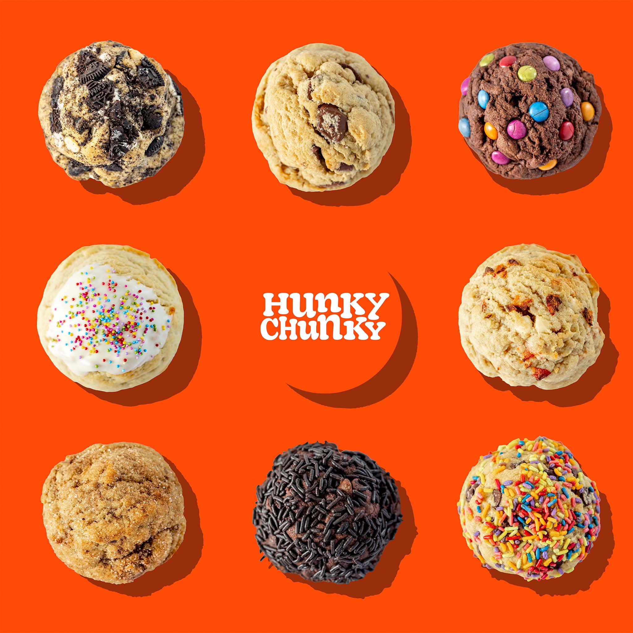 All eight Hunky Chunky cookie flavors arranged around the Hunky Chunky wordmark