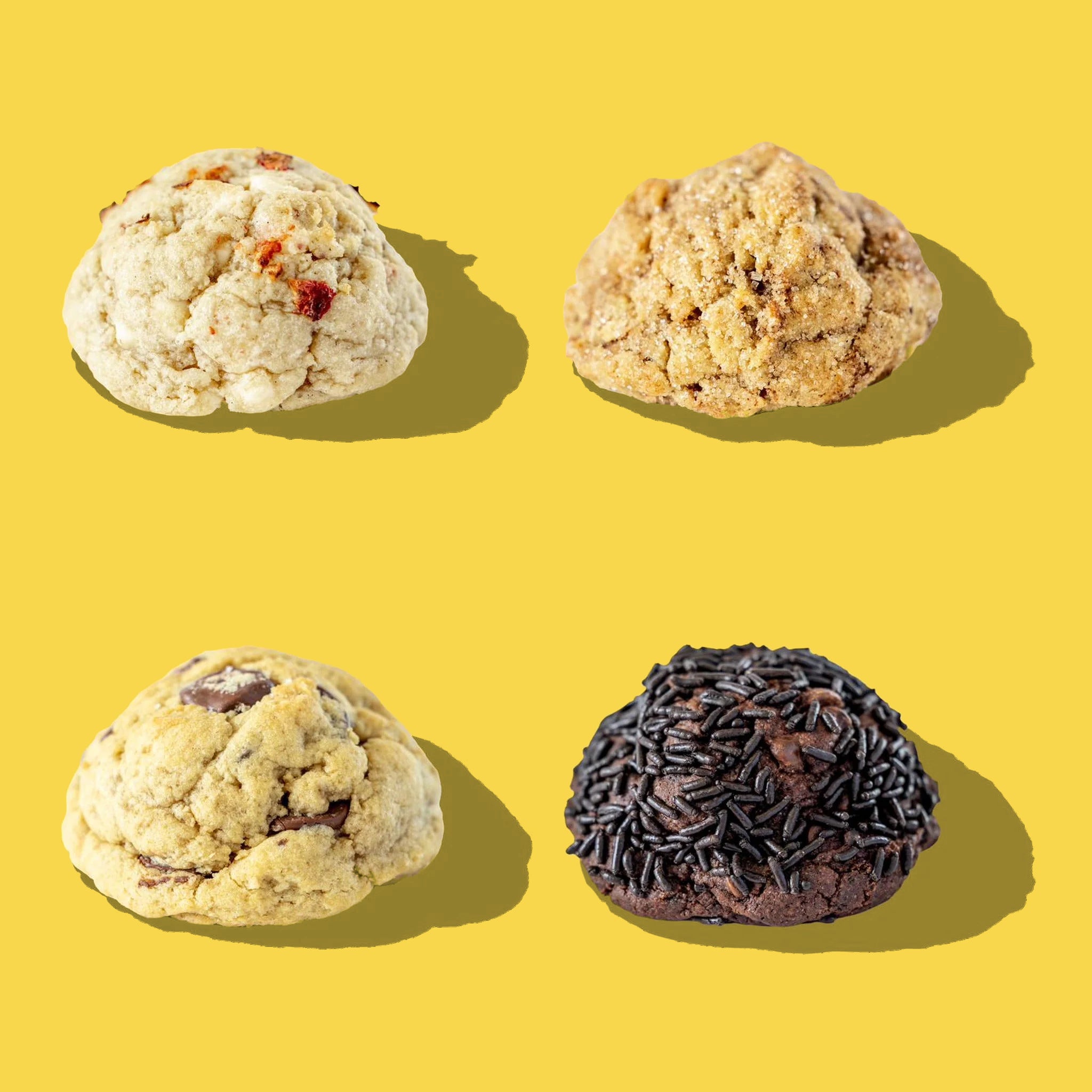 The four Breakfast Bunch cookies side by side, showing the height and texture of each six-ounce cookie