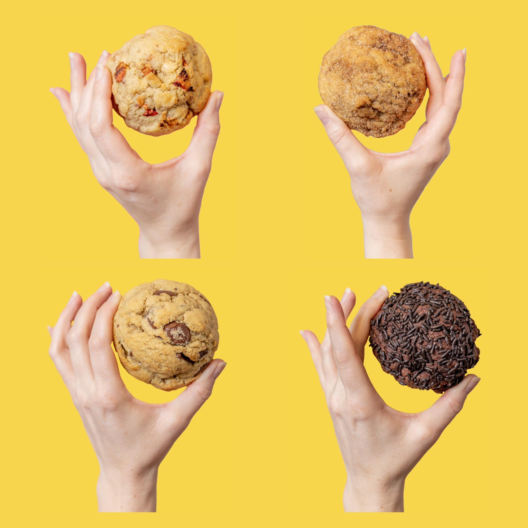 Each Breakfast Bunch cookie held in a hand, showing that six ounces fills a palm