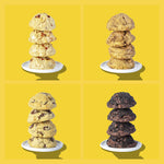Four stacks of Breakfast Bunch cookies on plates, showing the height of each six-ounce cookie