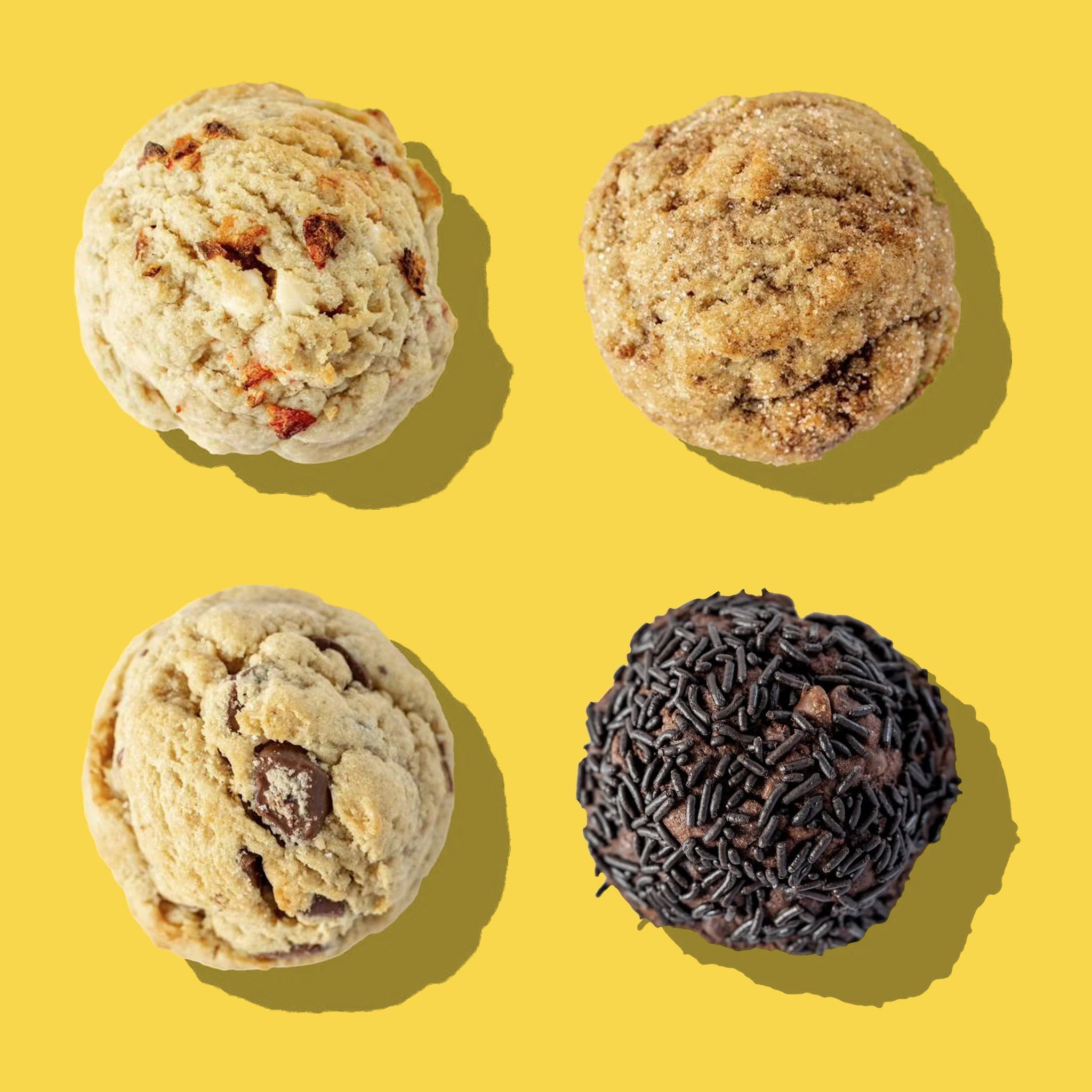 All four Breakfast Bunch cookies from above: Strawberry Shortie, Cinnamon Roll, Chocolate Chip Pancake and Chocolate Donut