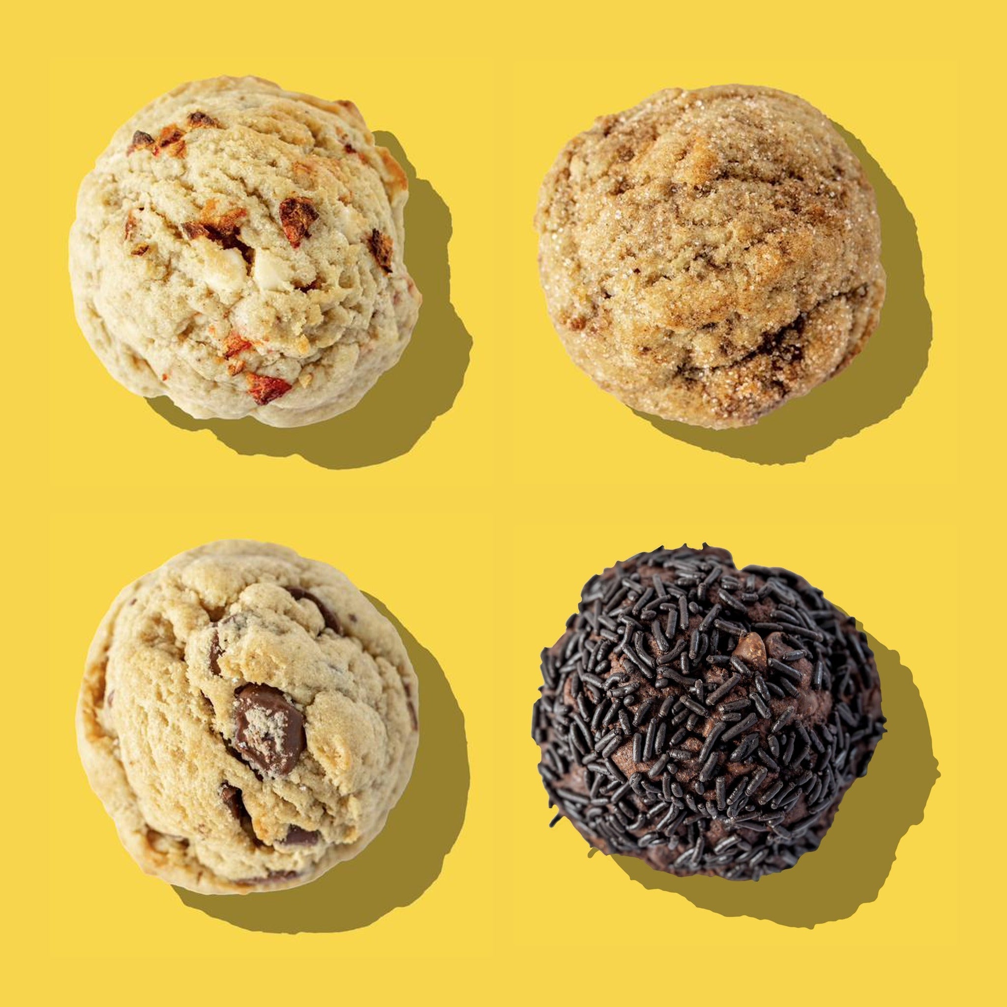 All four Breakfast Bunch cookies from above: Strawberry Shortie, Cinnamon Roll, Chocolate Chip Pancake and Chocolate Donut