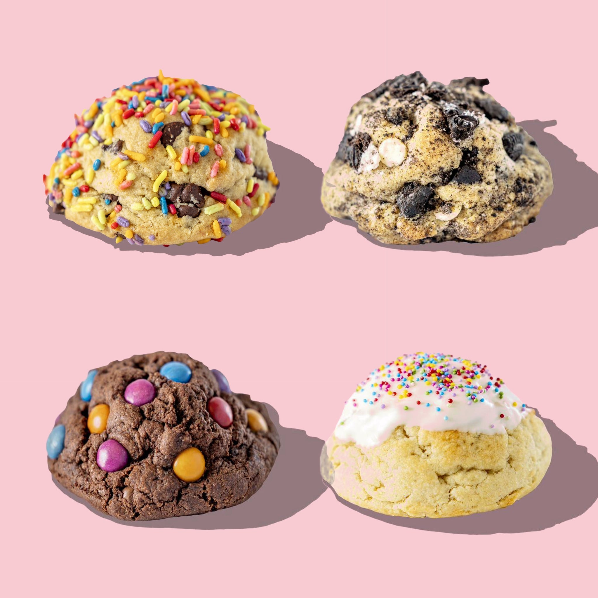 The four Classic Comforts cookies side by side, showing the height and texture of each six-ounce cookie