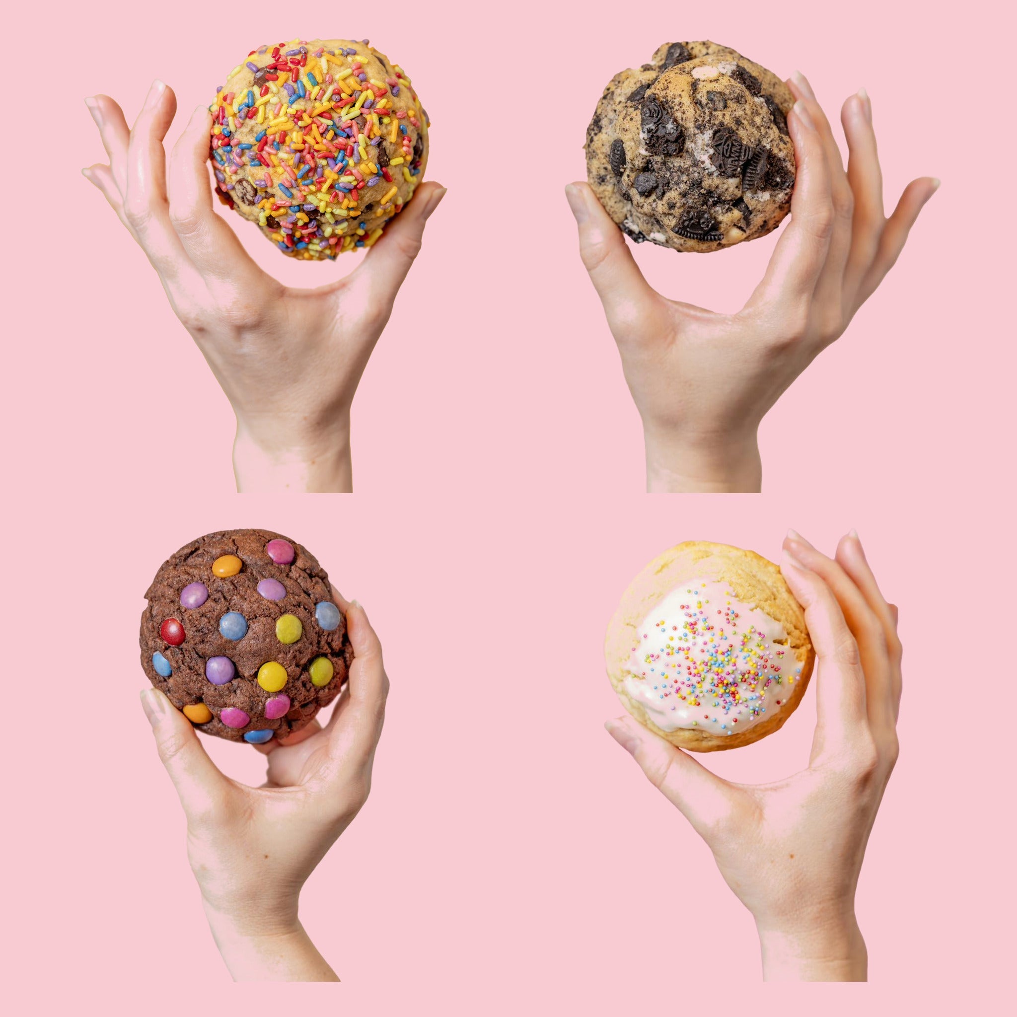 Each Classic Comforts cookie held in a hand, showing that six ounces fills a palm