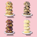 Four stacks of Classic Comforts cookies on plates, showing the height of each six-ounce cookie