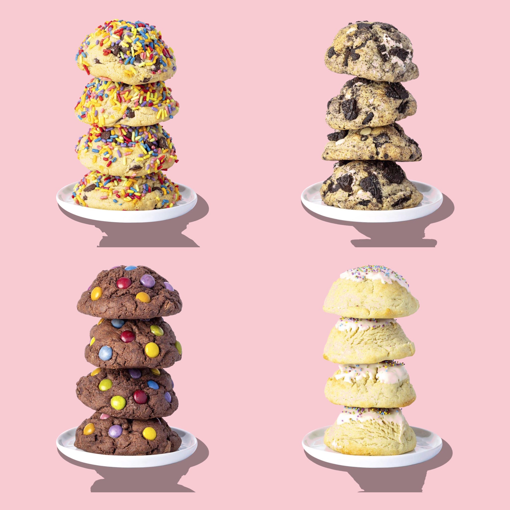 Four stacks of Classic Comforts cookies on plates, showing the height of each six-ounce cookie