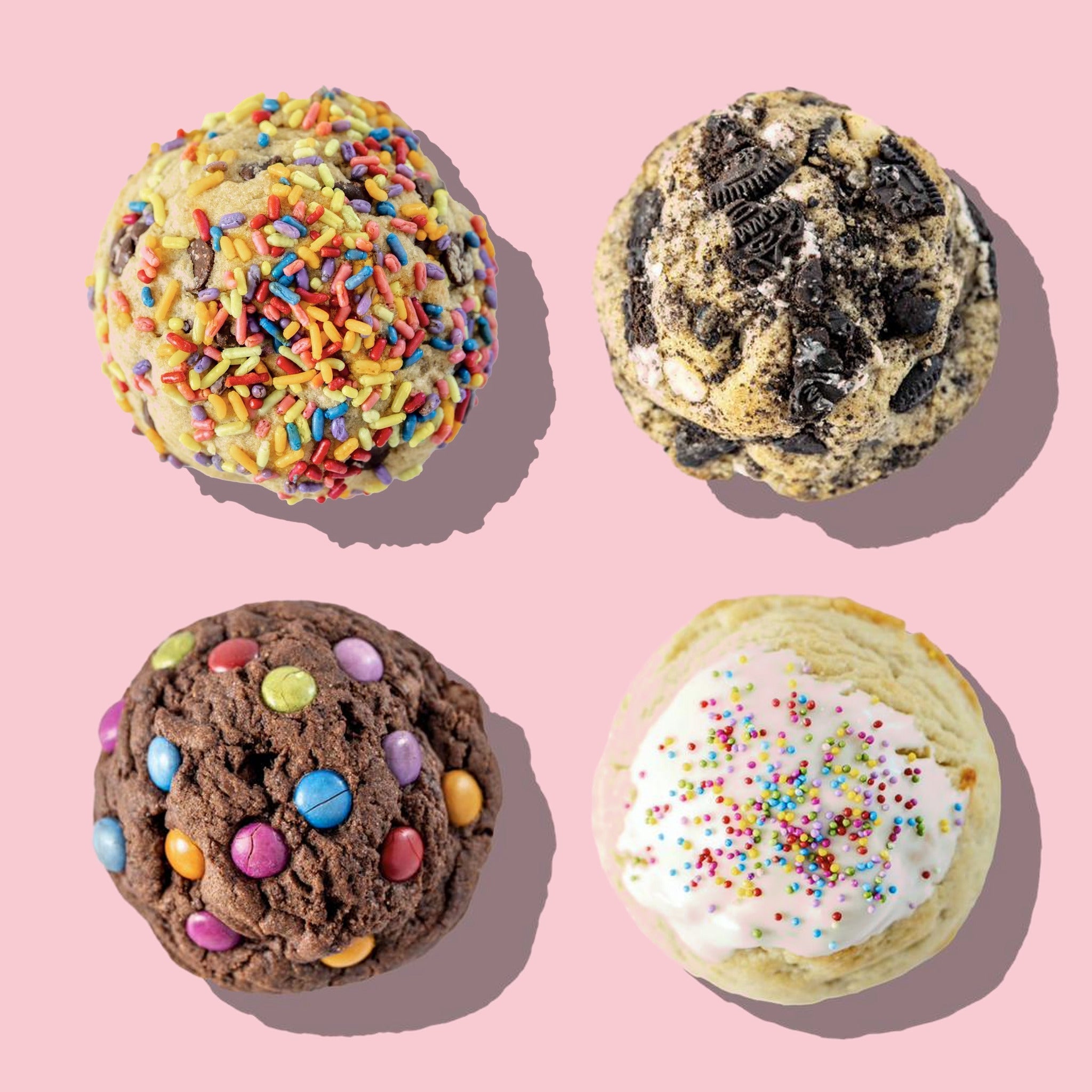 All four Classic Comforts cookies from above: Sunday Cookie, Cookies and Cream, Chocolate Gem and Animal Sugar Cookie